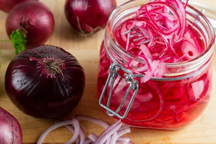 Onions marinated in cranberry juice