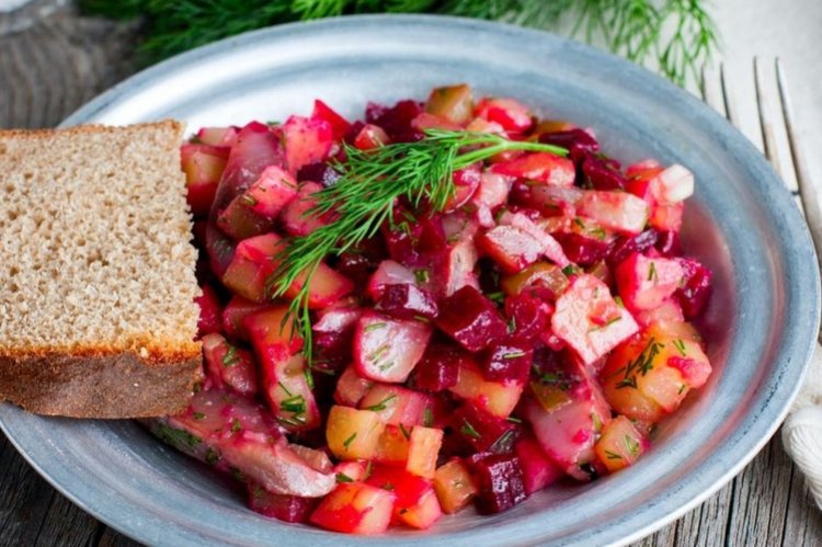 Pickled cucumber, beetroot and herring salad