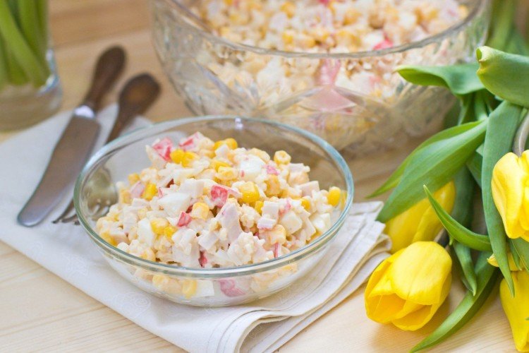 Salad with crab meat, rice, pineapple and corn